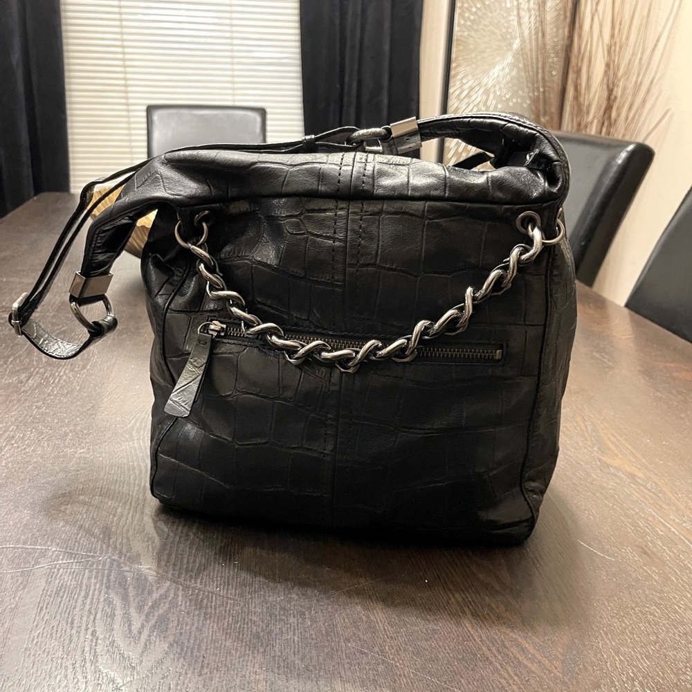 Banana Republic Large Black Croc Leather Handbag W Chain Handles